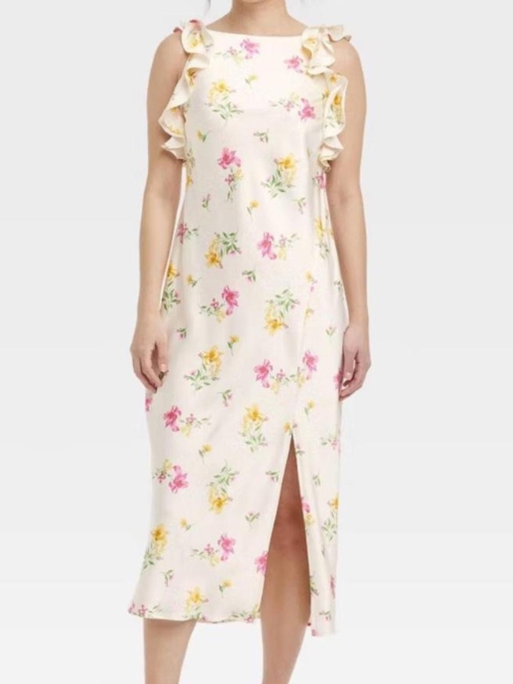 A New Day Cream Floral Flutter Sleeve Dress- Size Medium